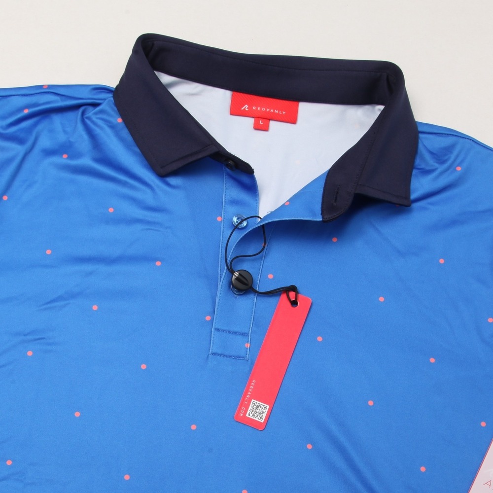 REDVANLY Men's Ramey Polo Shirt Size L Blue Orange Dot Performance Stretch Golf